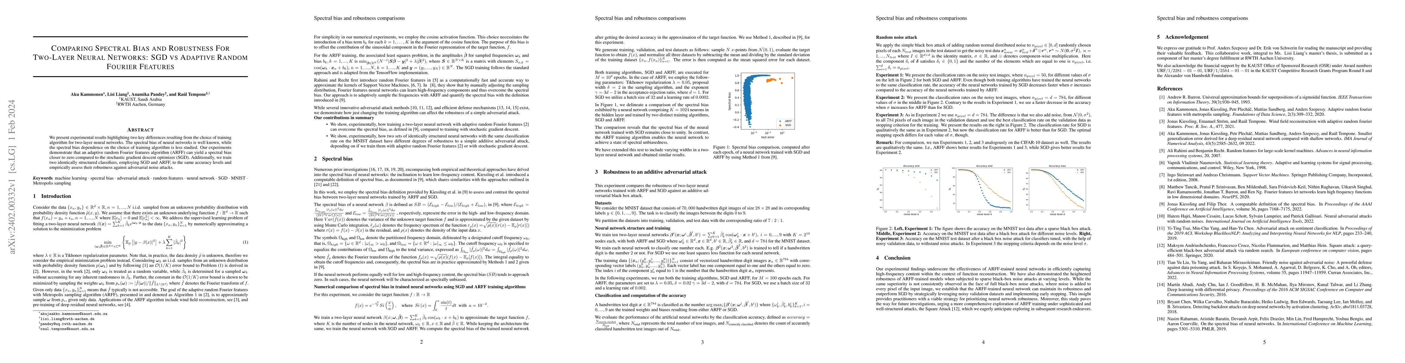 Thumbnail for Comparing Spectral Bias and Robustness For Two-Layer Neural Networks:
  SGD vs Adaptive Random Fourier Features