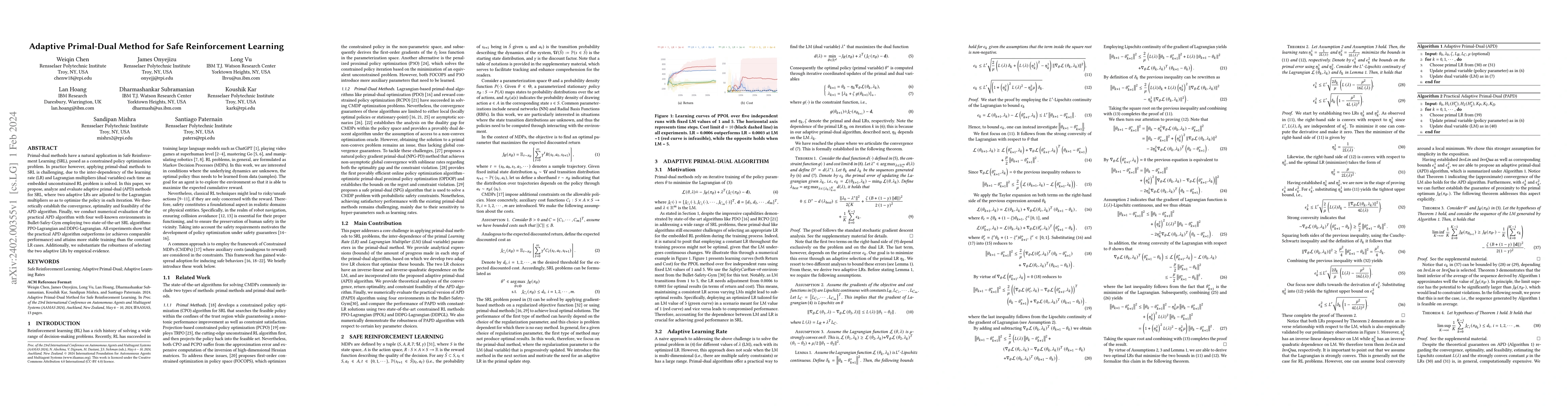 Thumbnail for Adaptive Primal-Dual Method for Safe Reinforcement Learning
