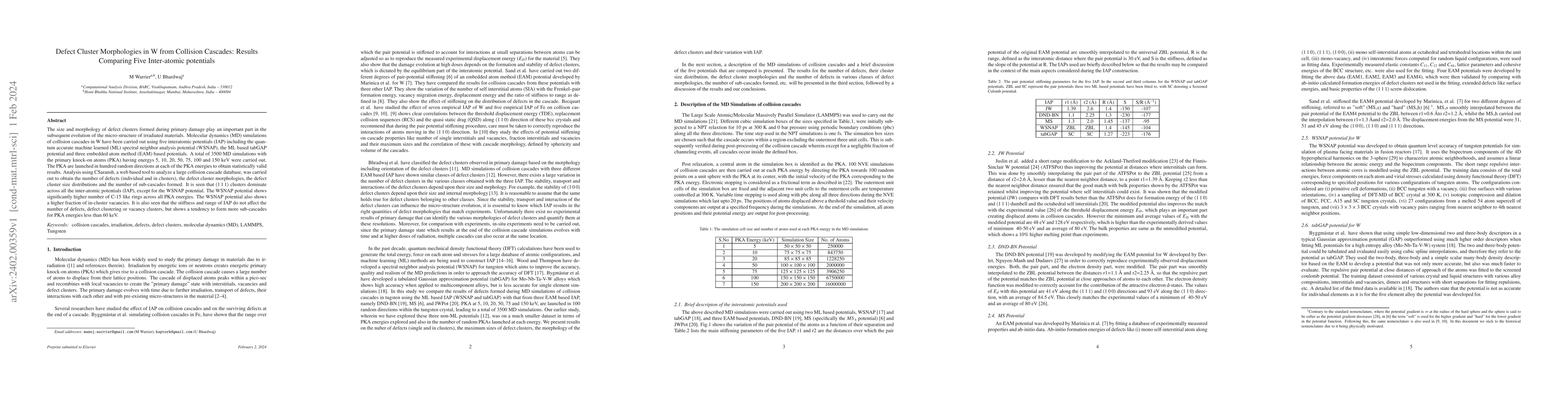 Thumbnail for Defect Cluster Morphology in W from Collision Cascades: Results
  Comparing Five Inter-atomic potentials