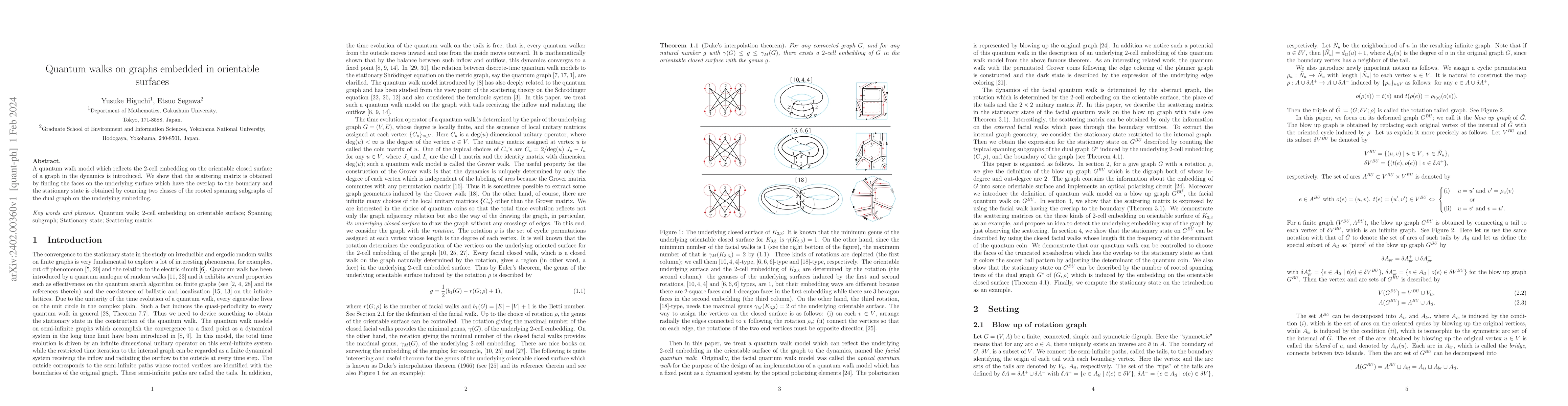 Thumbnail for Quantum walks on graphs embedded in orientable surfaces