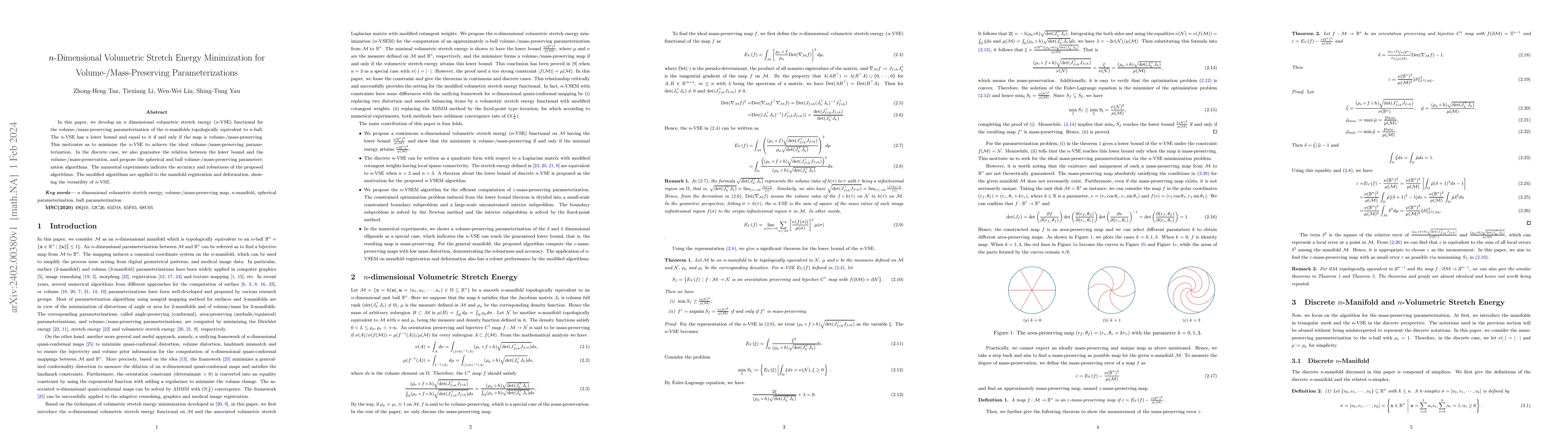 Thumbnail for $n$-Dimensional Volumetric Stretch Energy Minimization for
  Volume-/Mass-Preserving Parameterizations