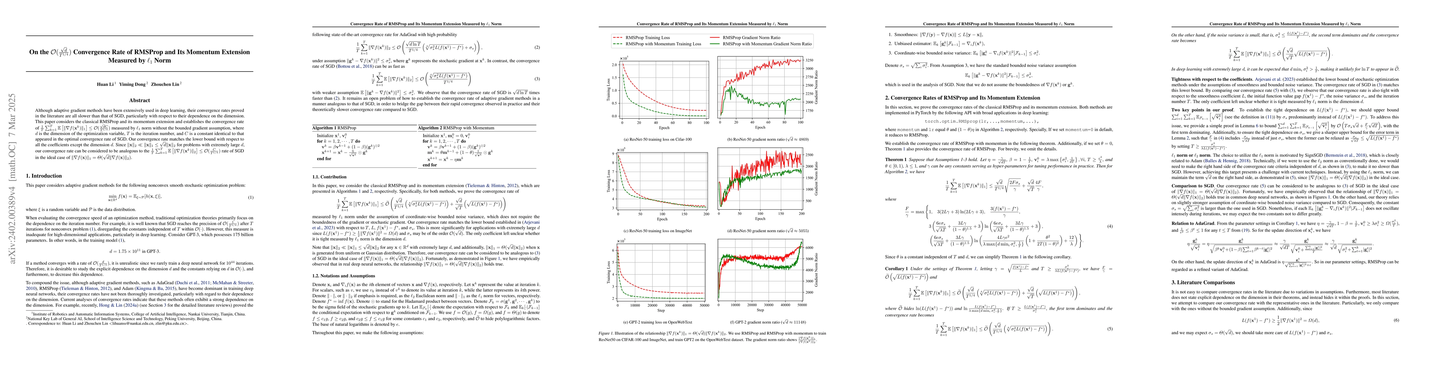 Thumbnail for On the $O(\frac{\sqrt{d}}{T^{1/4}})$ Convergence Rate of RMSProp and Its
  Momentum Extension Measured by $\ell_1$ Norm