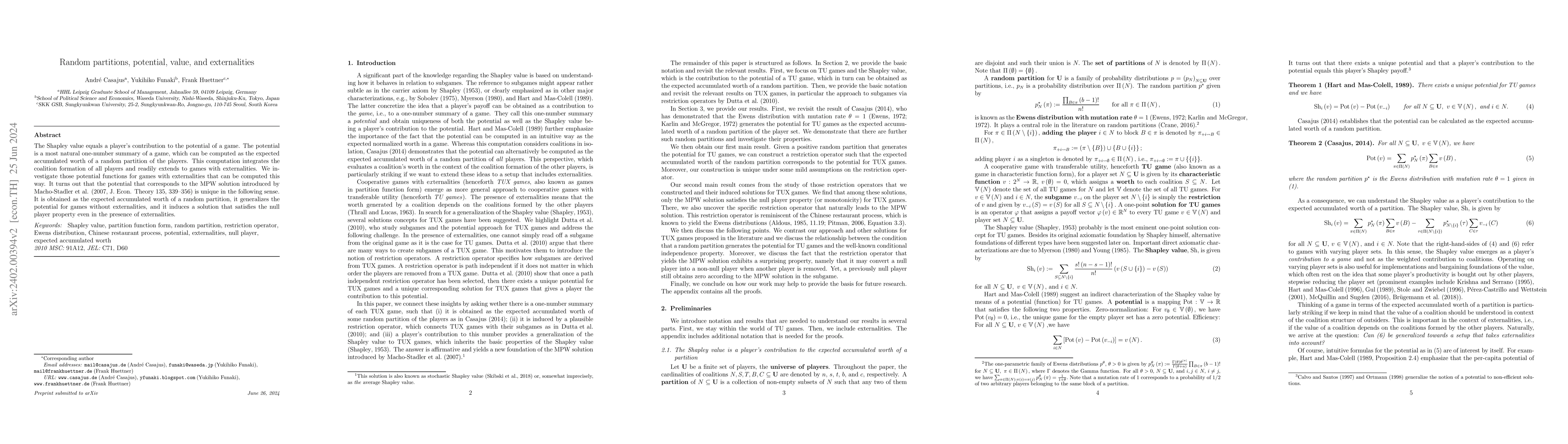 Thumbnail for Random partitions, potential, value, and externalities