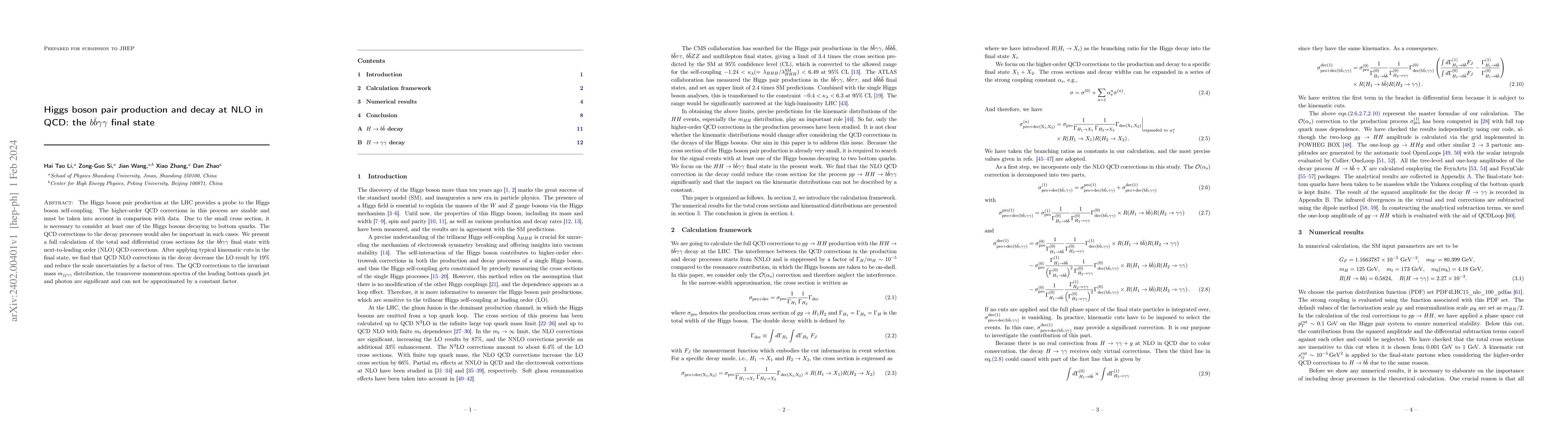 Thumbnail for Higgs boson pair production and decay at NLO in QCD: the
  $b\bar{b}\gamma\gamma$ final state