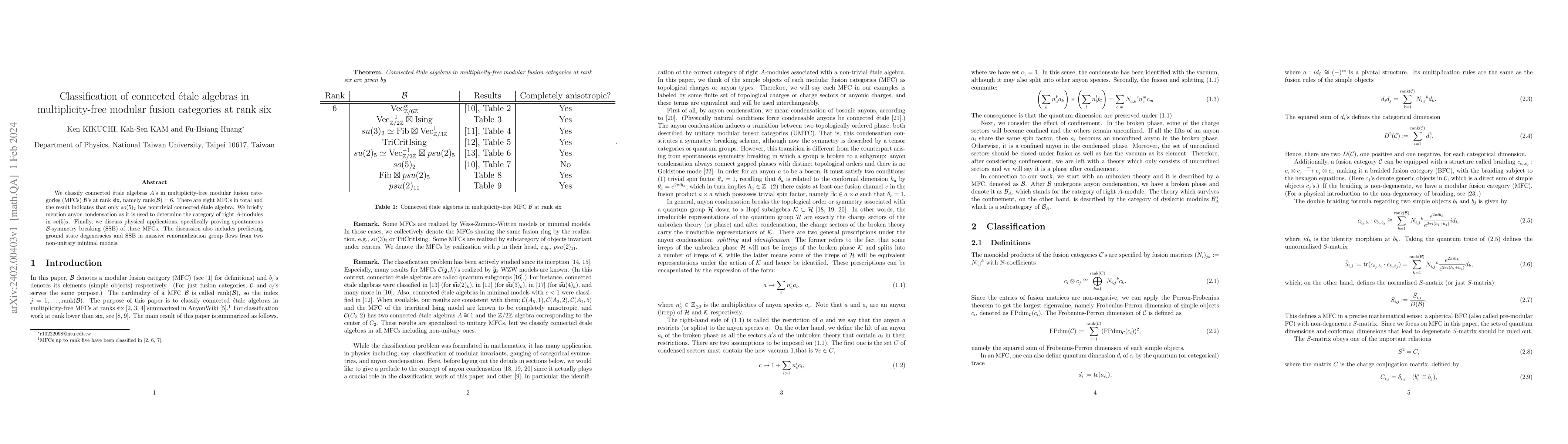 Thumbnail for Classification of connected \'etale algebras in multiplicity-free
  modular fusion categories at rank six