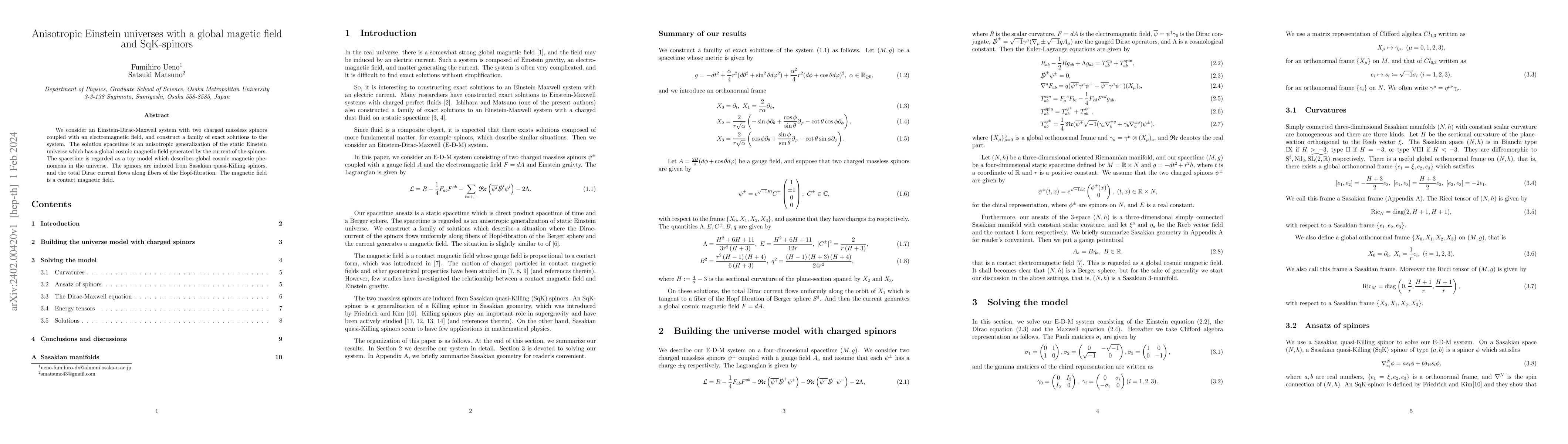 Thumbnail for Anisotropic Einstein universes with a global magetic field and
  SqK-spinors