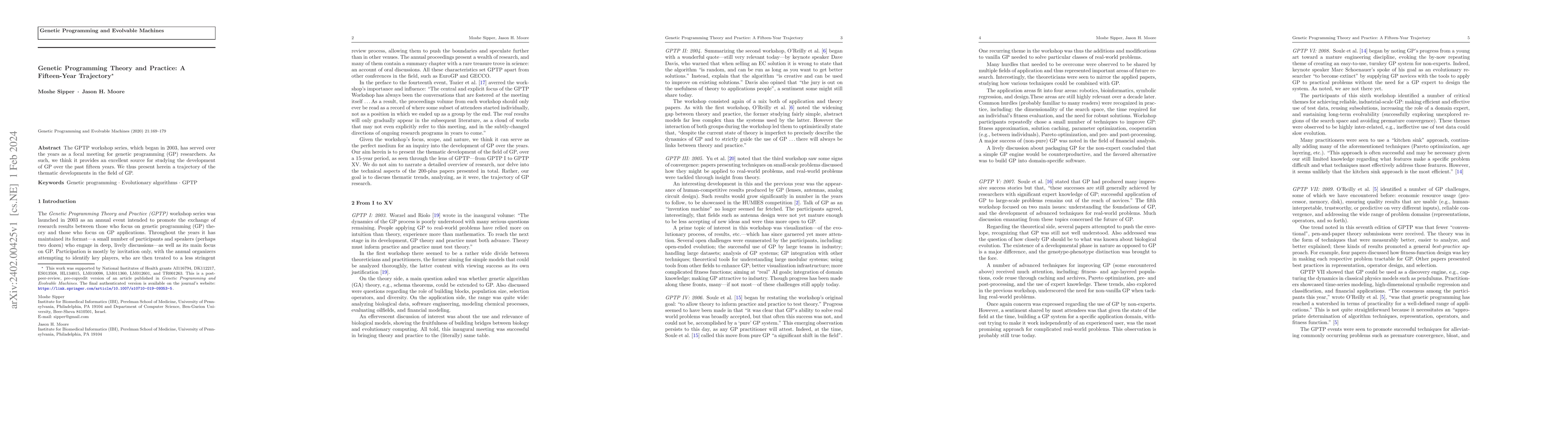 Thumbnail for Genetic Programming Theory and Practice: A Fifteen-Year Trajectory