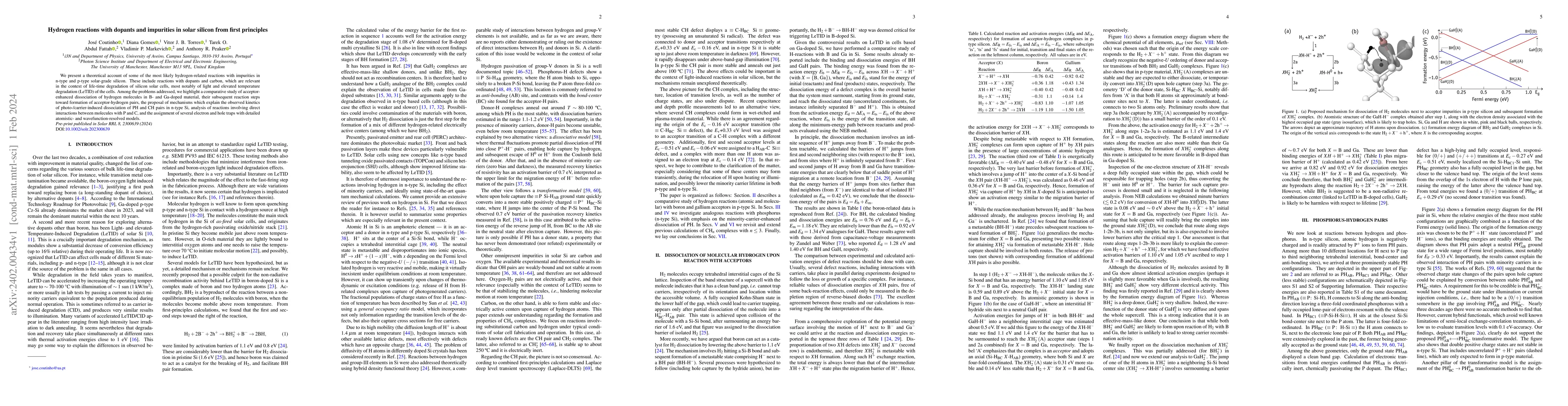 Thumbnail for Hydrogen reactions with dopants and impurities in solar silicon from
  first principles