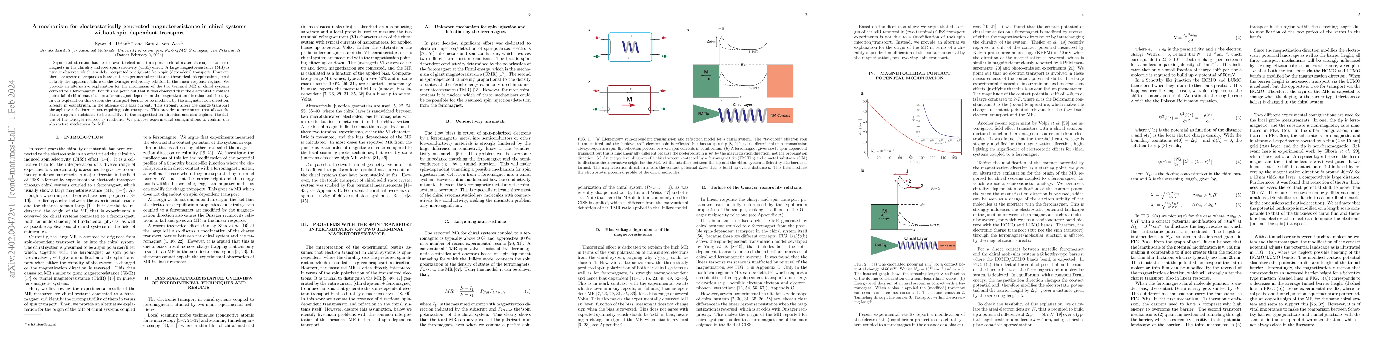 Thumbnail for A mechanism for electrostatically generated magnetoresistance in chiral
  systems without spin-dependent transport