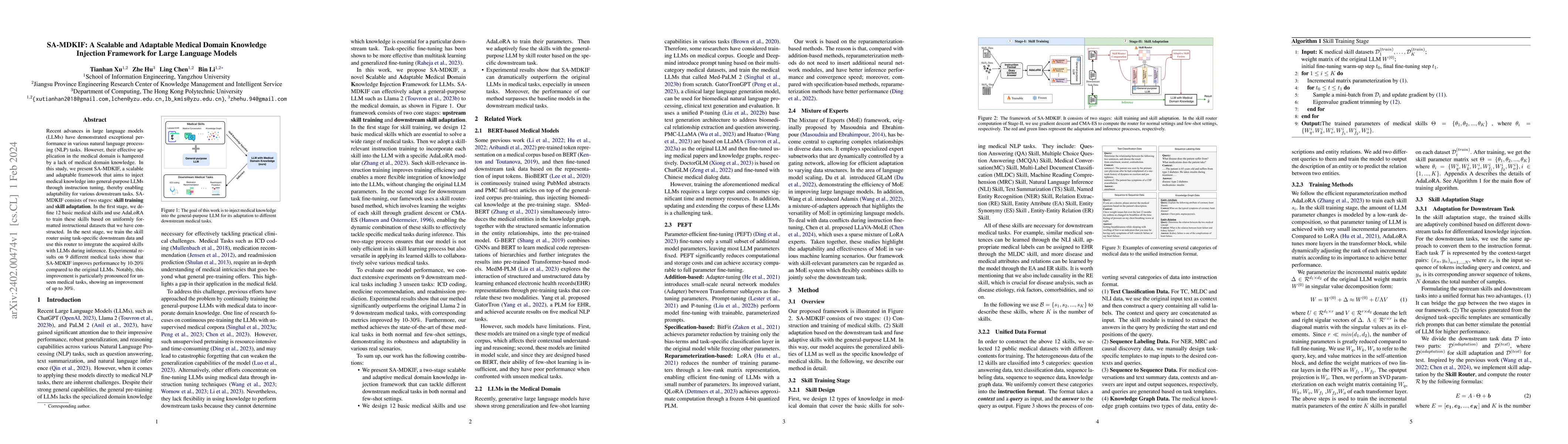Thumbnail for SA-MDKIF: A Scalable and Adaptable Medical Domain Knowledge Injection
  Framework for Large Language Models
