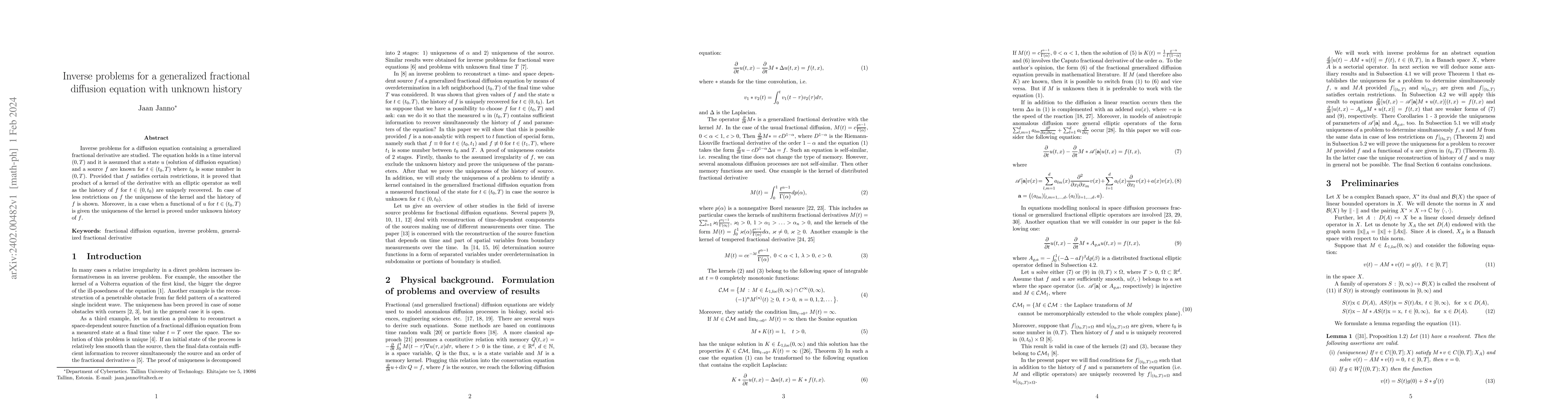 Thumbnail for Inverse problems for a generalized fractional diffusion equation with
  unknown history