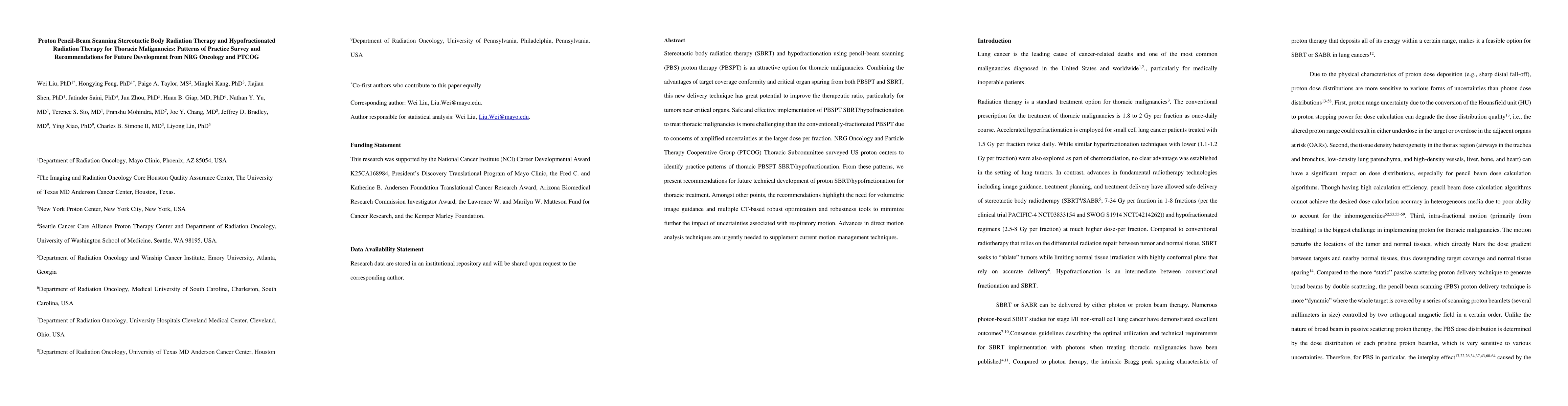 Thumbnail for Proton Pencil-Beam Scanning Stereotactic Body Radiation Therapy and
  Hypofractionated Radiation Therapy for Thoracic Malignancies: Patterns of
  Practice Survey and Recommendations for Future Development from NRG Oncology
  and PTCOG
