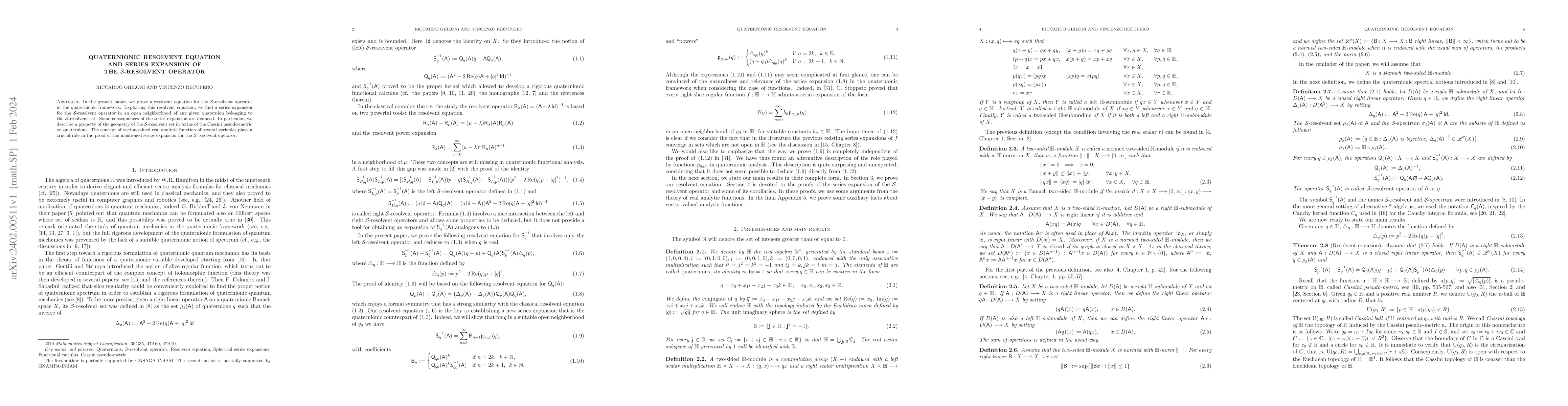 Thumbnail for Quaternionic resolvent equation and series expansion of the
  $\mathcal{S}$-resolvent operator