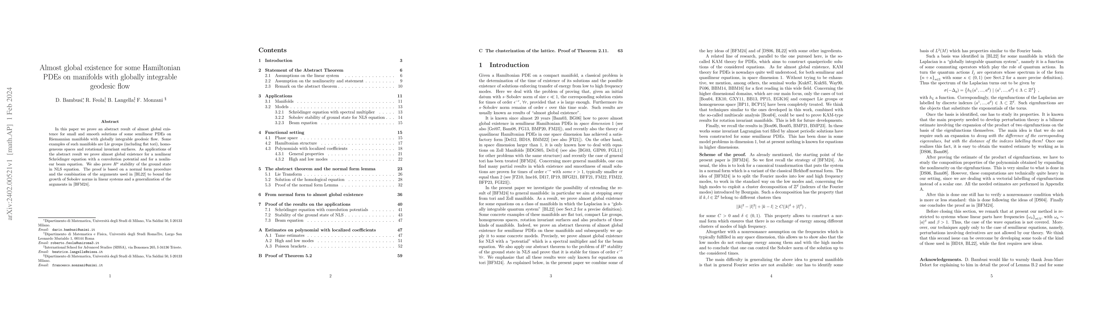 Thumbnail for Almost global existence for some Hamiltonian PDEs on manifolds with
  globally integrable geodesic flow