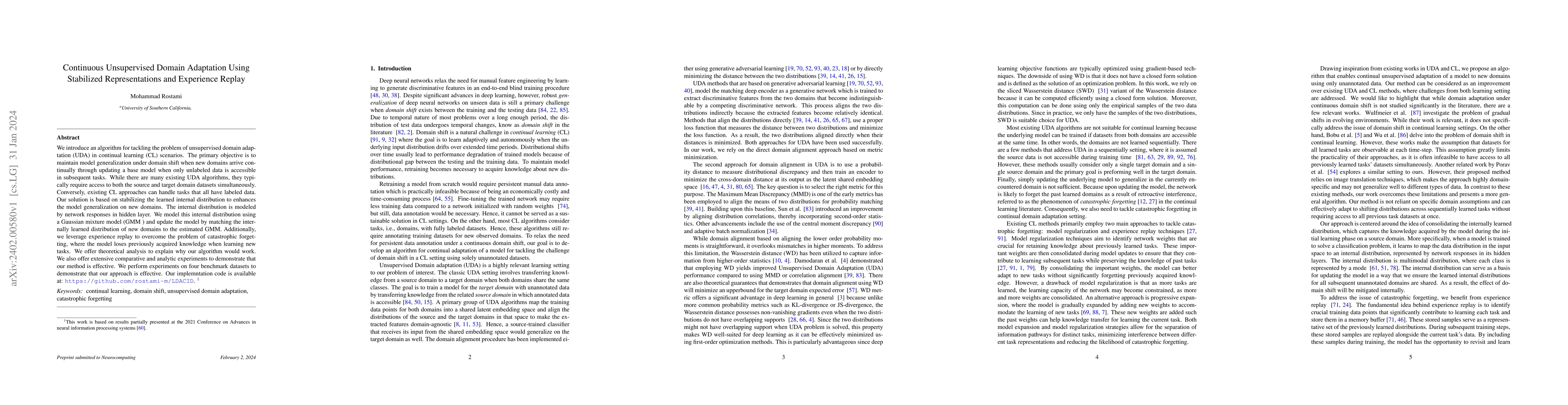 Thumbnail for Continuous Unsupervised Domain Adaptation Using Stabilized
  Representations and Experience Replay