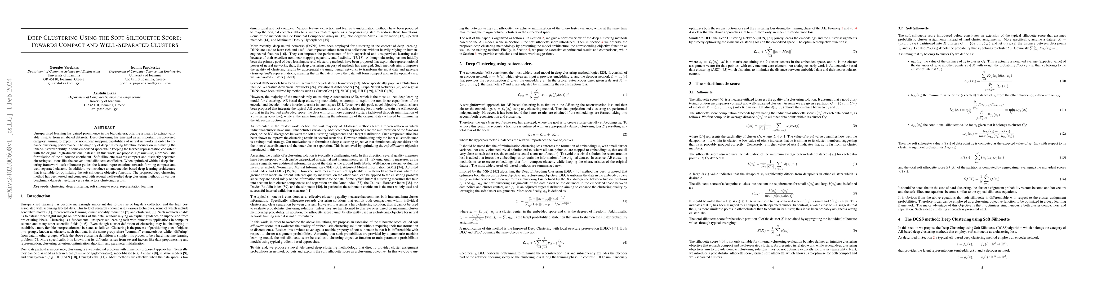 Thumbnail for Deep Clustering Using the Soft Silhouette Score: Towards Compact and
  Well-Separated Clusters