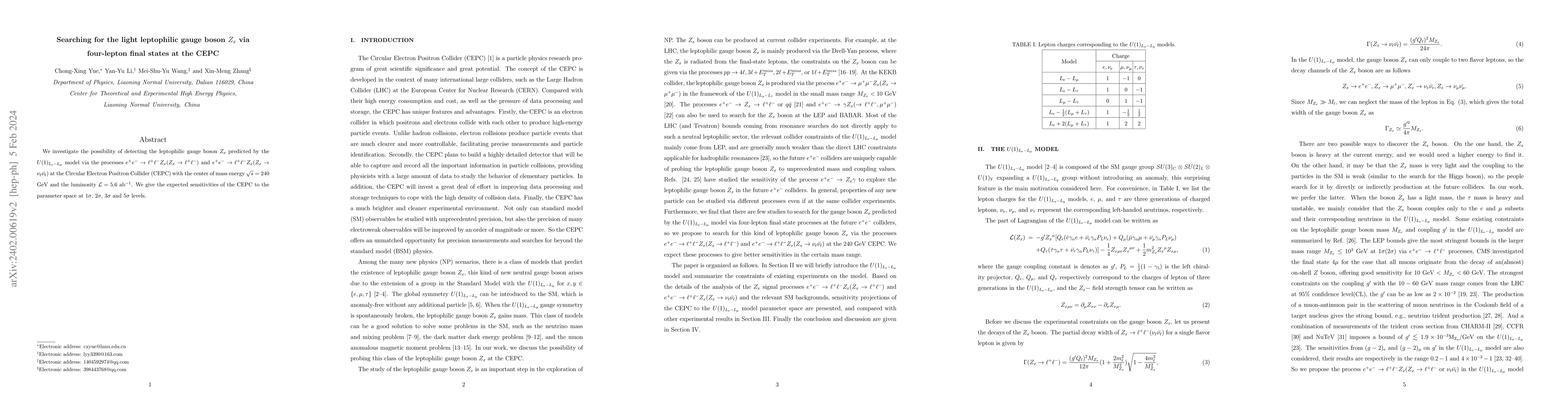 Thumbnail for Searching for the light leptophilic gauge boson $Z_x$ via four-lepton
  final states at the CEPC