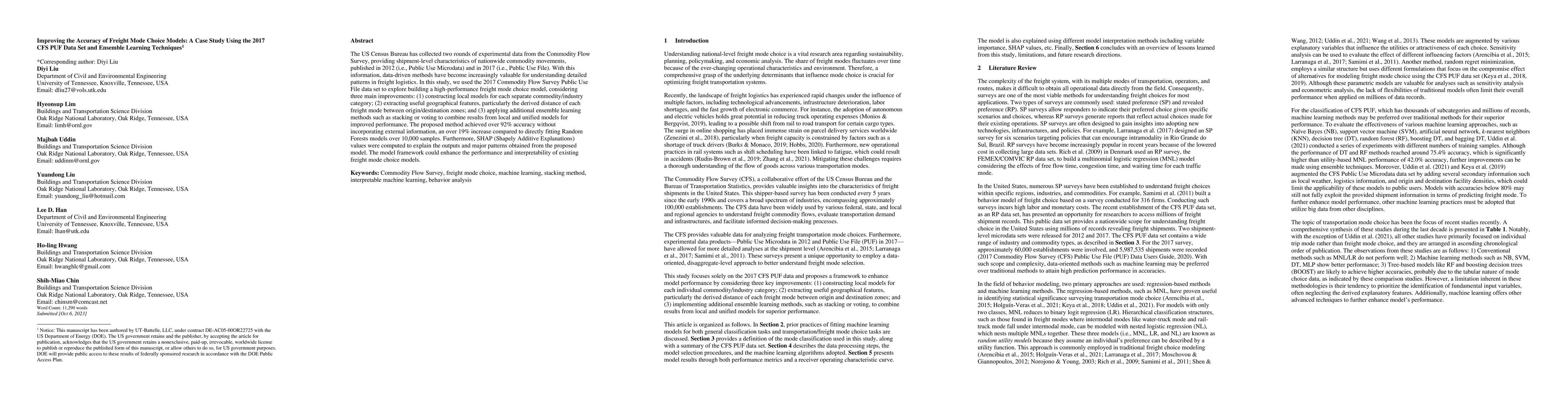Thumbnail for Improving the accuracy of freight mode choice models: A case study using
  the 2017 CFS PUF data set and ensemble learning techniques