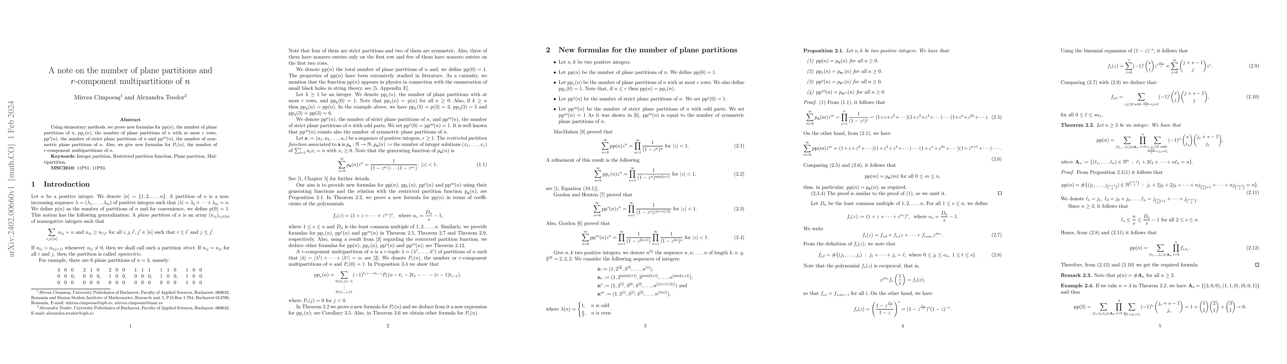 Thumbnail for A note on the number of plane partitions and $r$-component
  multipartitions of $n$