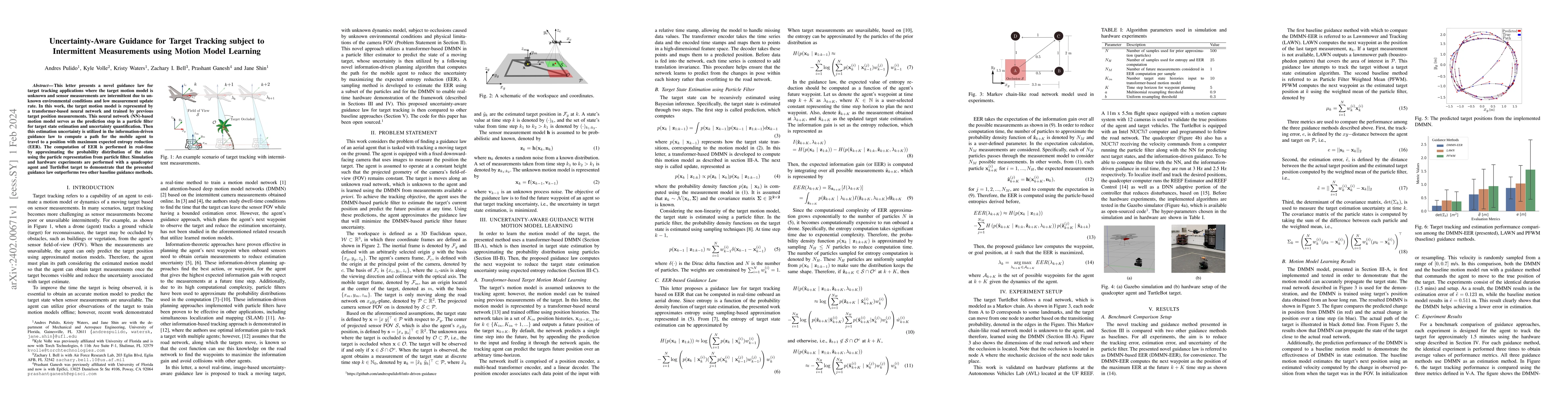 Thumbnail for Uncertainty-Aware Guidance for Target Tracking subject to Intermittent
  Measurements using Motion Model Learning