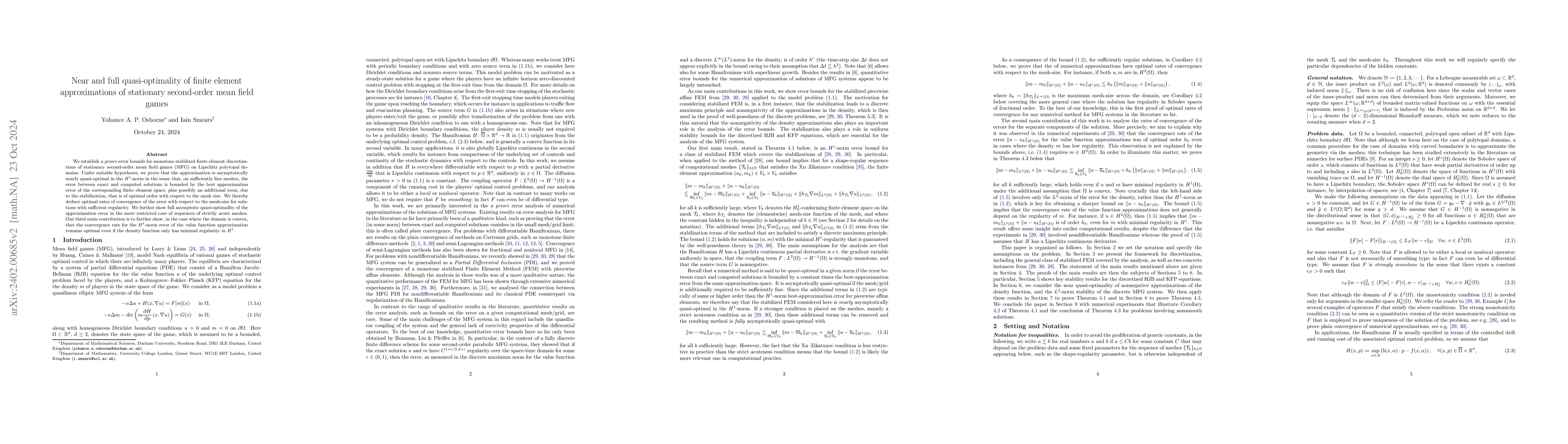 Thumbnail for Near and full quasi-optimality of finite element approximations of
  stationary second-order mean field games