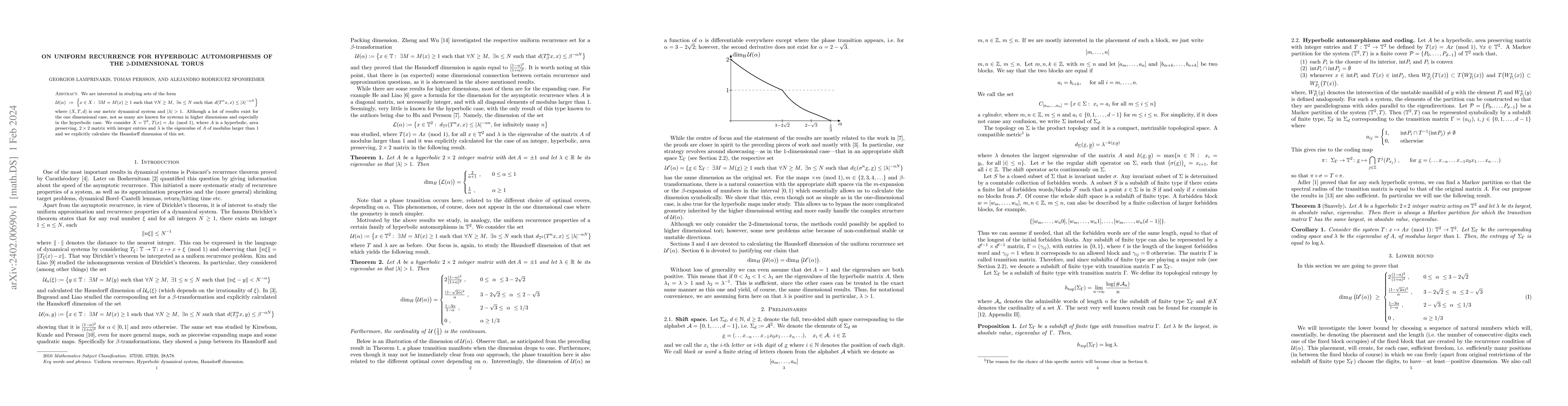 Thumbnail for On uniform recurrence for hyperbolic automorphisms of the
  $2$-dimensional torus