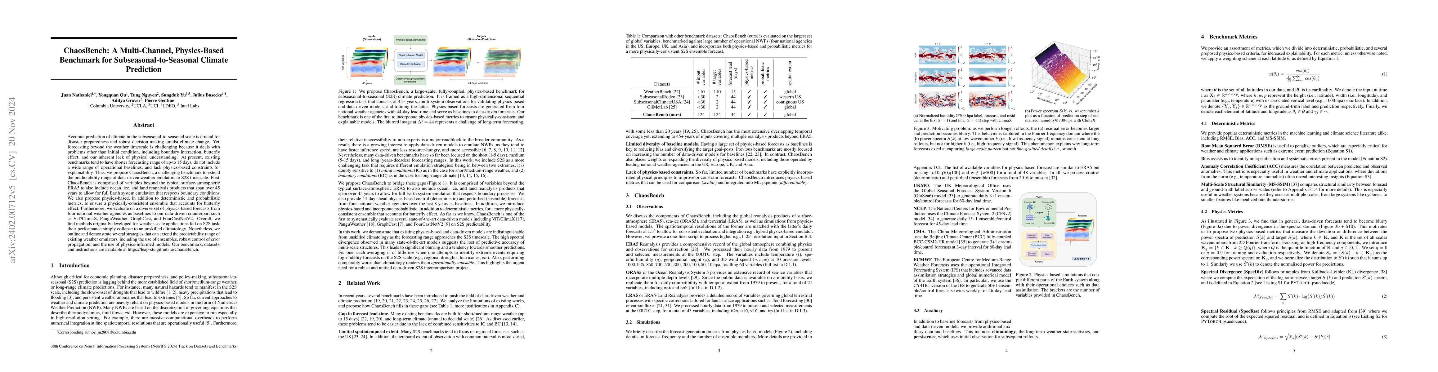 Thumbnail for ChaosBench: A Multi-Channel, Physics-Based Benchmark for
  Subseasonal-to-Seasonal Climate Prediction