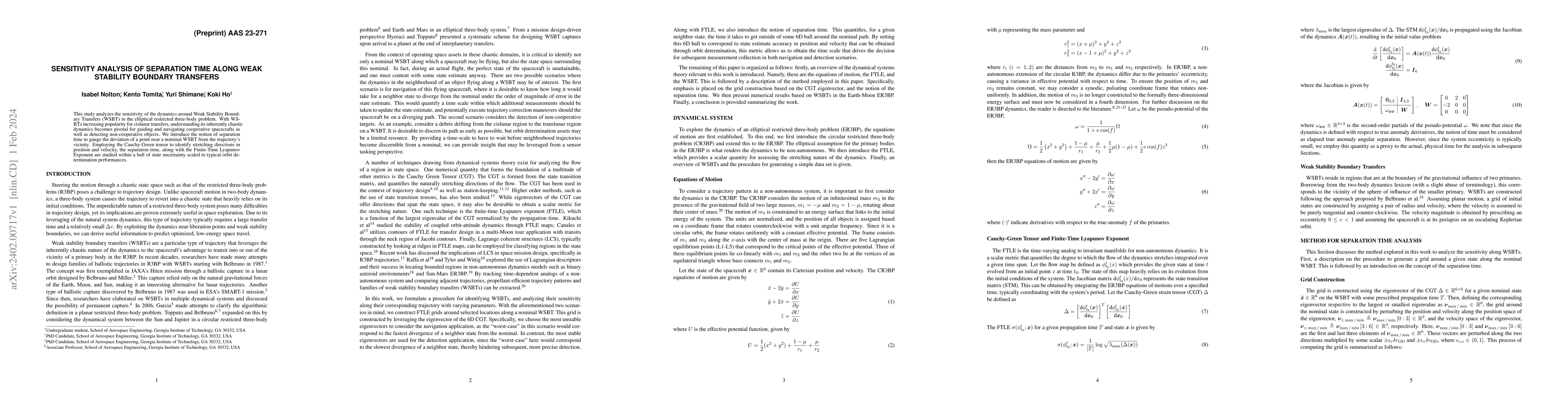 Thumbnail for Sensitivity Analysis of Separation Time Along Weak Stability Boundary
  Transfers
