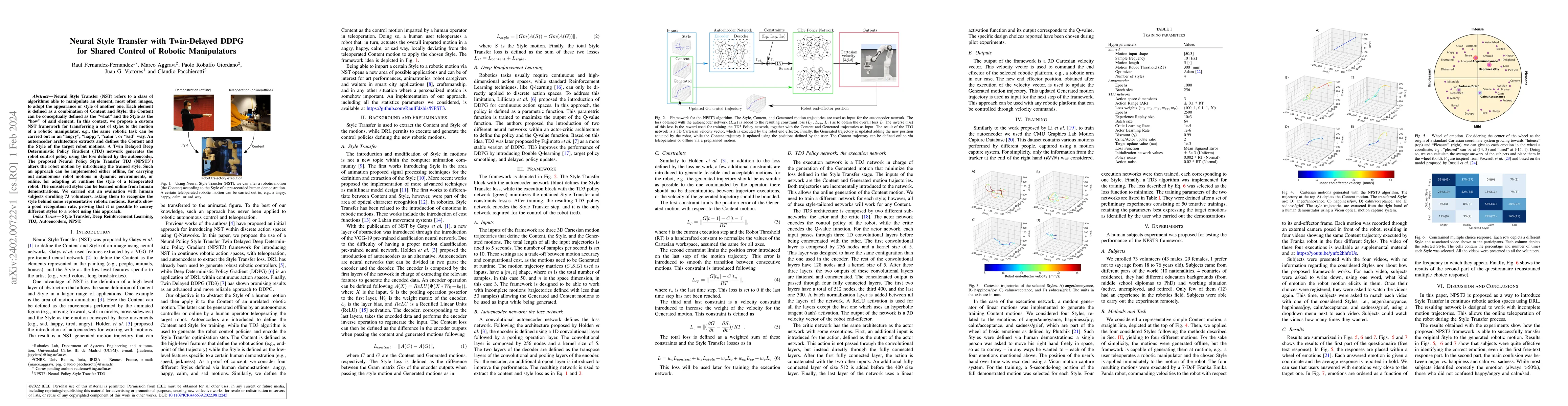Thumbnail for Neural Style Transfer with Twin-Delayed DDPG for Shared Control of
  Robotic Manipulators