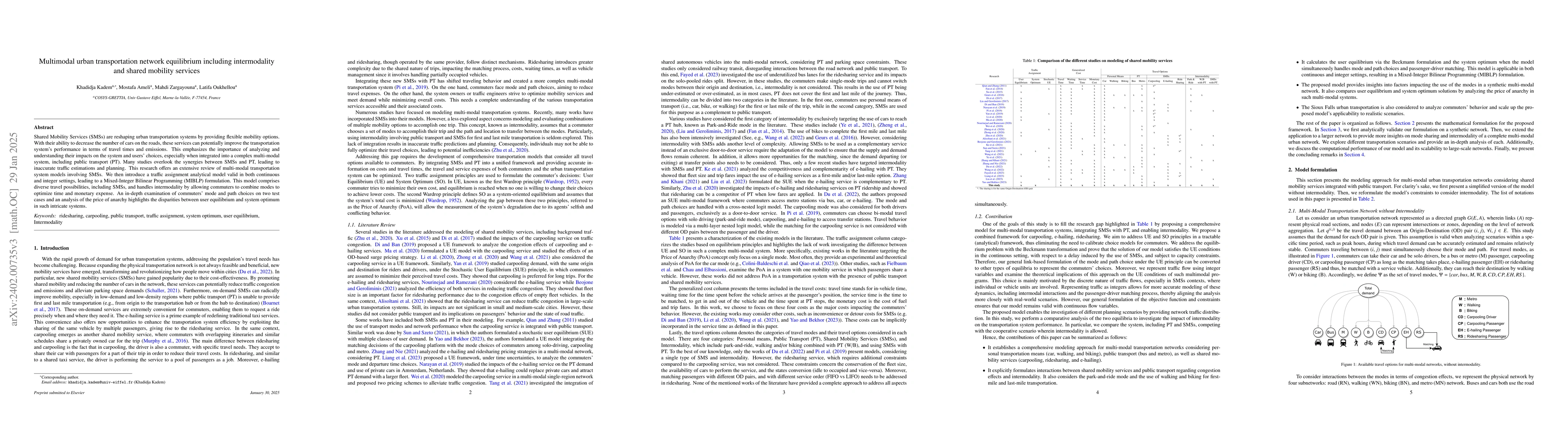 Thumbnail for An Analytical Approach for Intermodal Urban Transportation Network
  Equilibrium including Shared Mobility Services