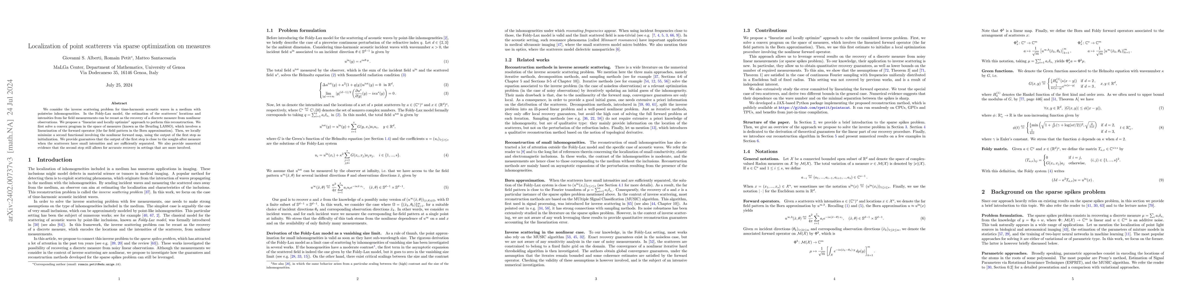 Thumbnail for Localization of point scatterers via sparse optimization on measures