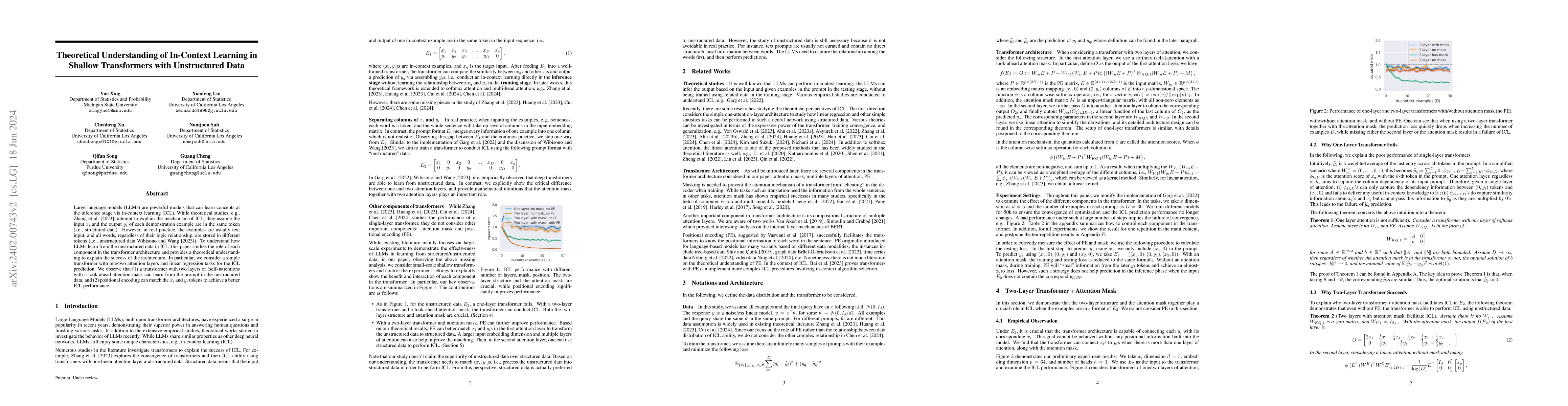 Thumbnail for Theoretical Understanding of In-Context Learning in Shallow Transformers
  with Unstructured Data