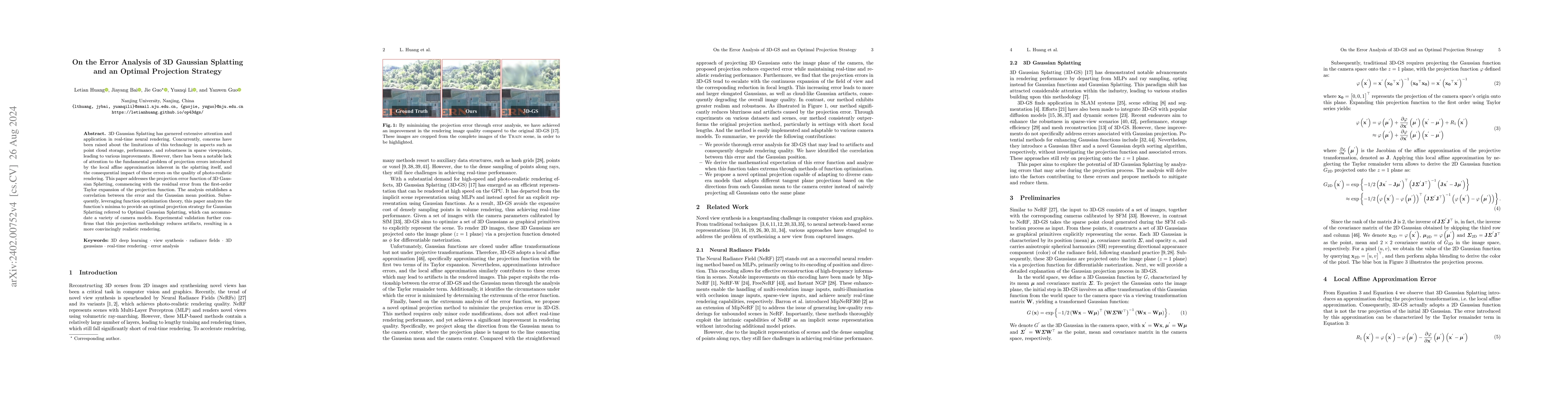 Thumbnail for On the Error Analysis of 3D Gaussian Splatting and an Optimal Projection
  Strategy