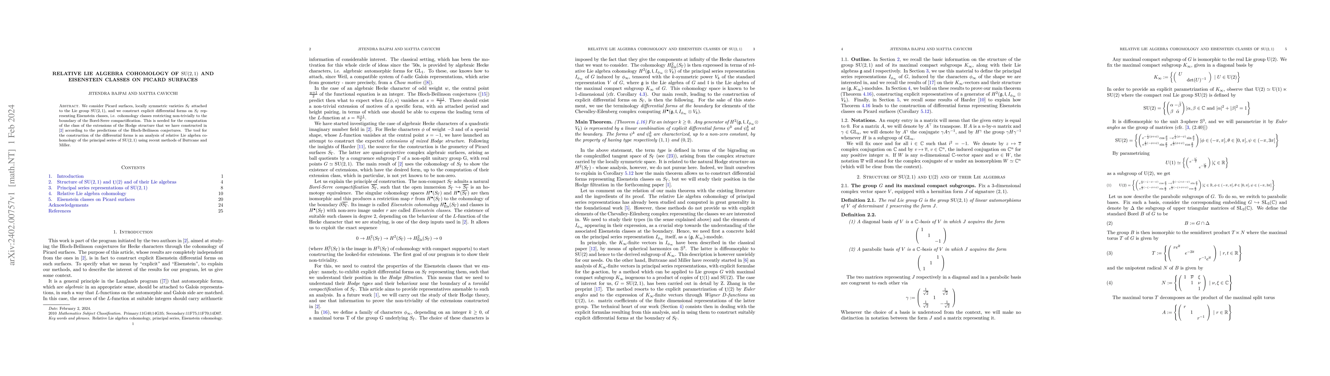Thumbnail for Relative Lie algebra cohomology of SU(2,1) and Eisenstein classes on
  Picard surfaces