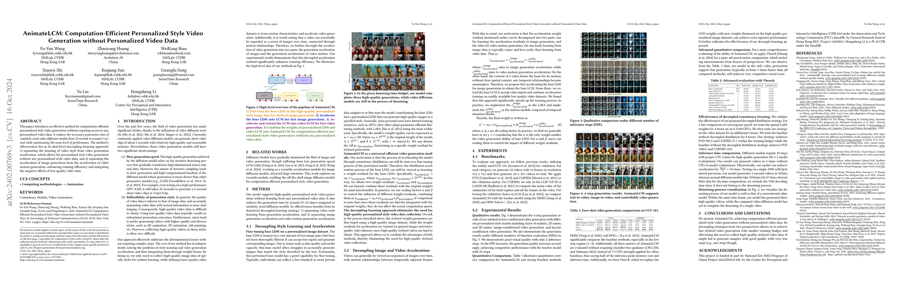 Thumbnail for AnimateLCM: Accelerating the Animation of Personalized Diffusion Models
  and Adapters with Decoupled Consistency Learning