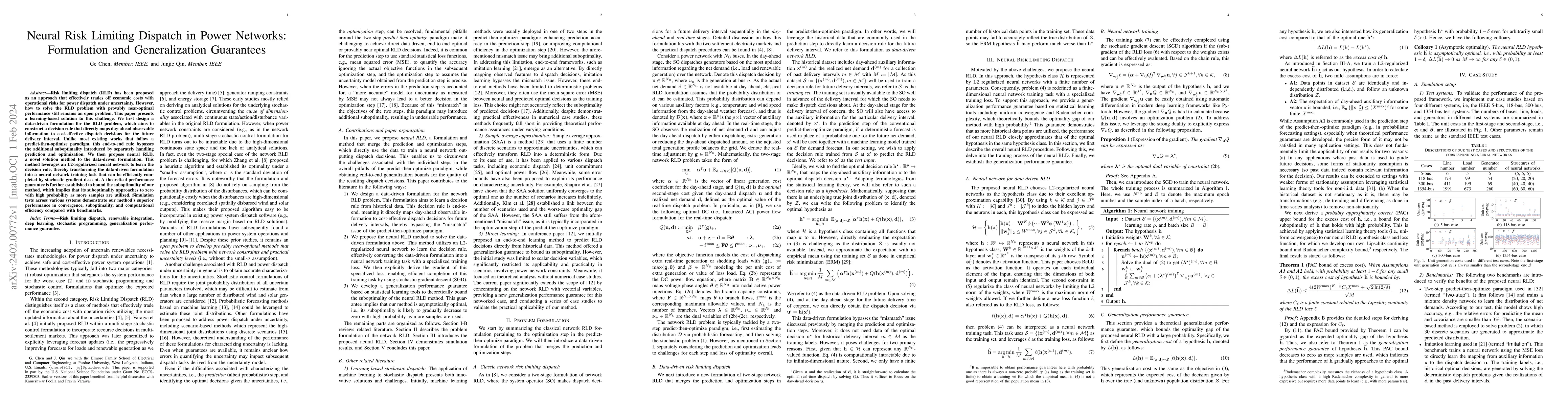 Thumbnail for Neural Risk Limiting Dispatch in Power Networks: Formulation and
  Generalization Guarantees