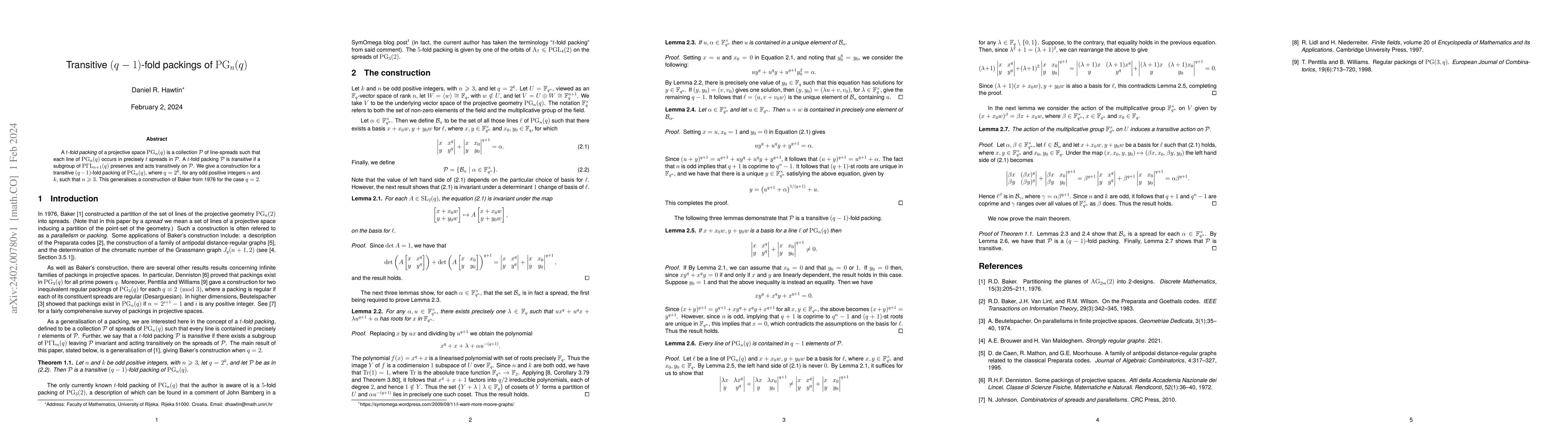 Thumbnail for Transitive $(q-1)$-fold packings of $\rm{PG}_n(q)$