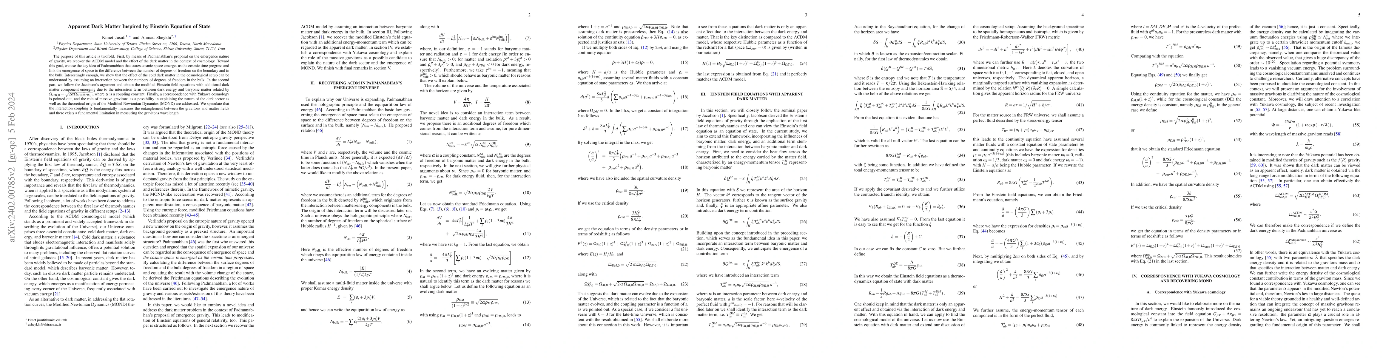 Thumbnail for Apparent Dark Matter Inspired by Einstein Equation of State