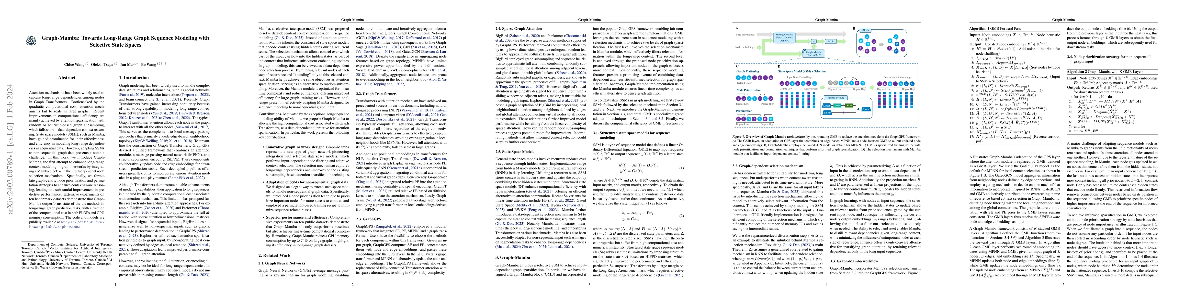 Thumbnail for Graph-Mamba: Towards Long-Range Graph Sequence Modeling with Selective
  State Spaces