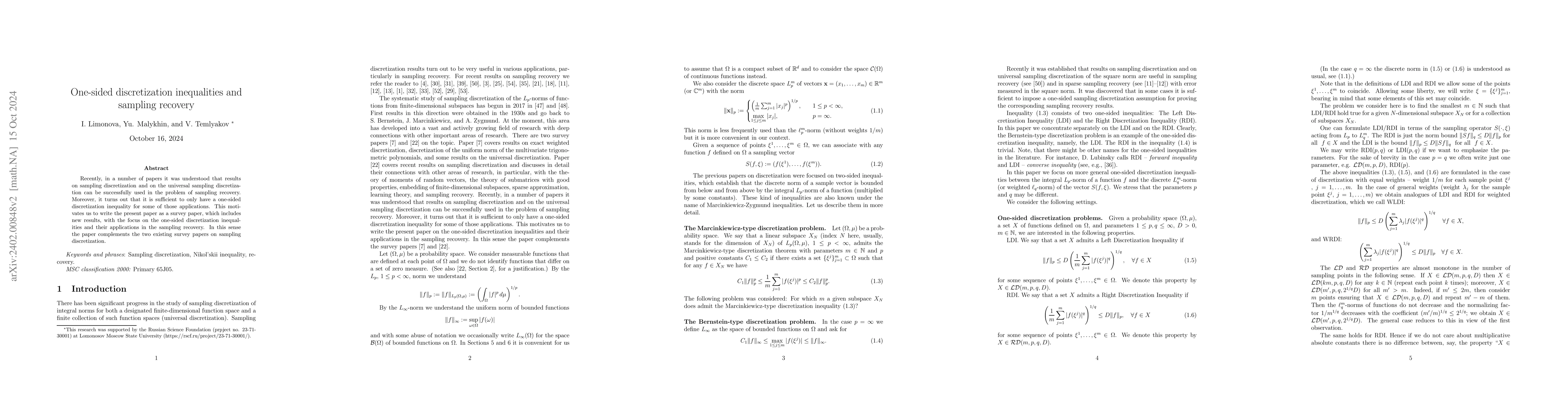 Thumbnail for One-sided discretization inequalities and sampling recovery