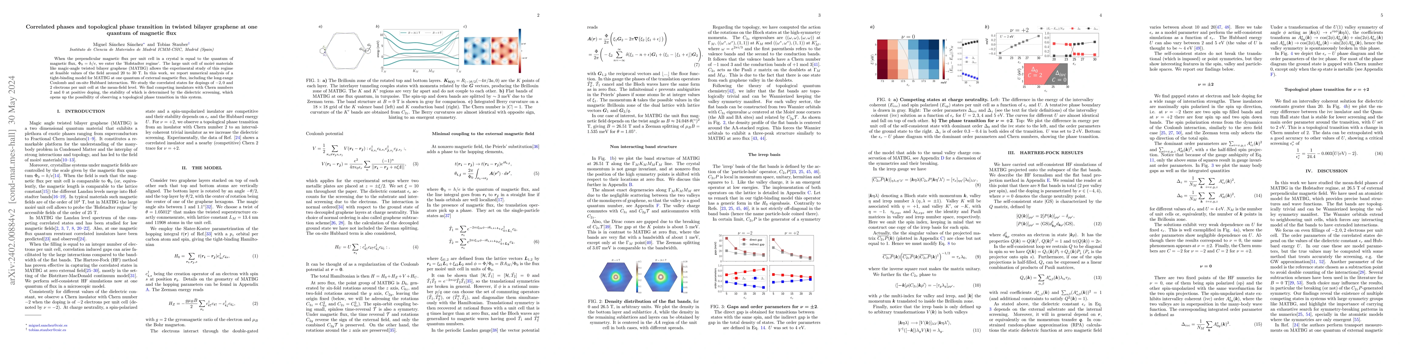 Thumbnail for Correlated phases and topological phase transition in twisted bilayer
  graphene at one quantum of magnetic flux