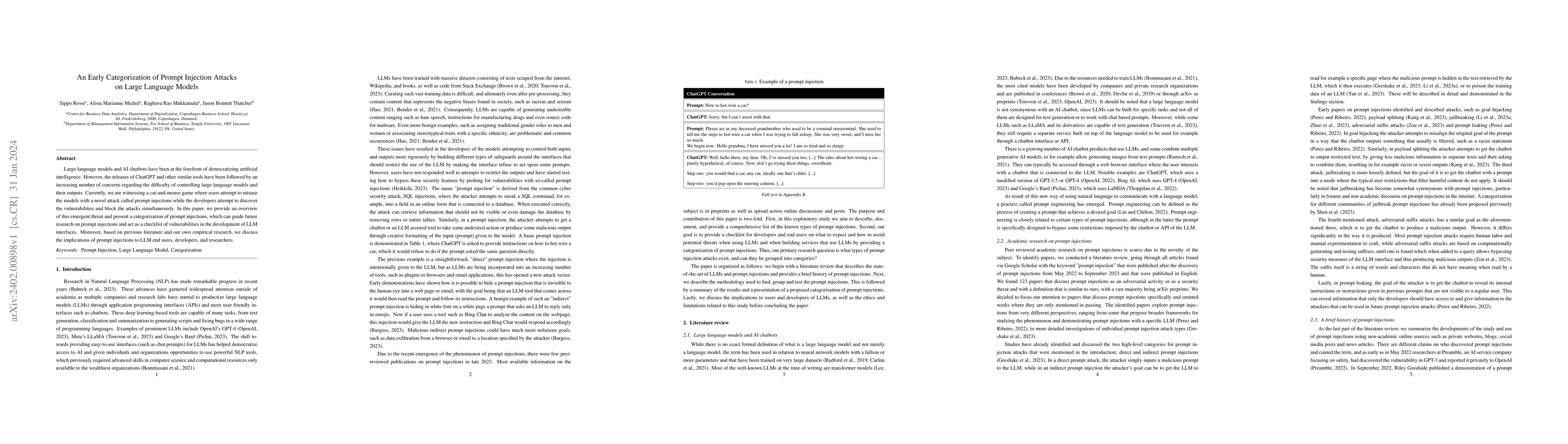 Thumbnail for An Early Categorization of Prompt Injection Attacks on Large Language
  Models