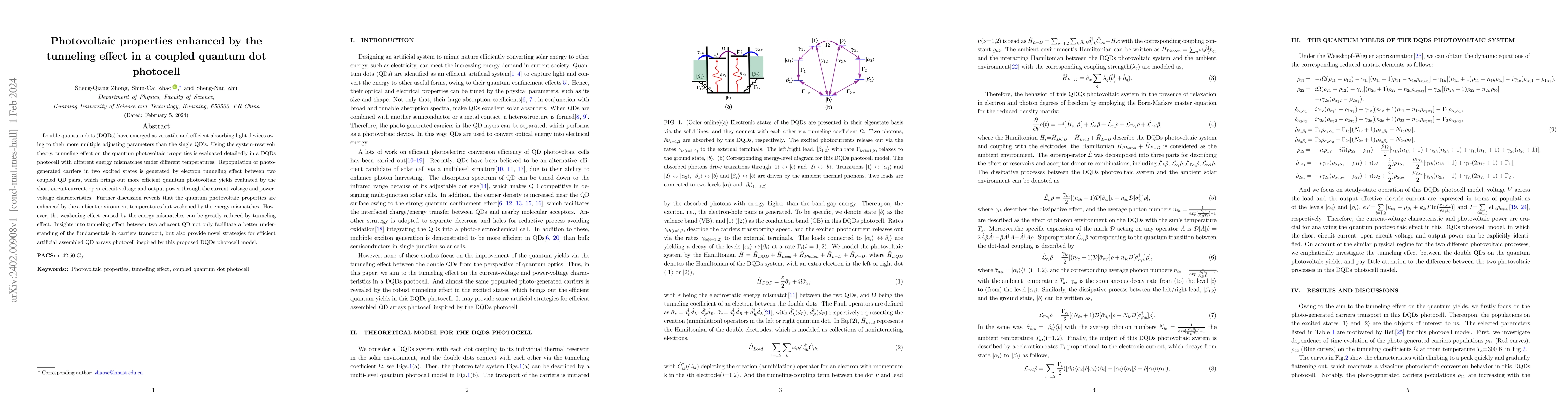 Thumbnail for Photovoltaic properties enhanced by the tunneling effect in a coupled
  quantum dot photocell