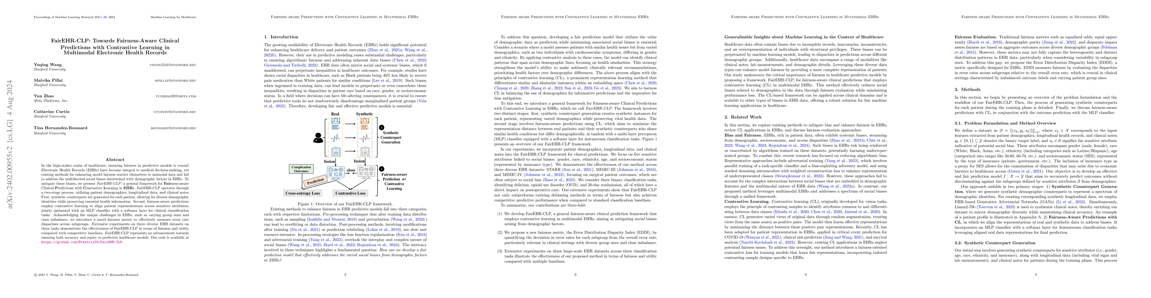 Thumbnail for FairEHR-CLP: Towards Fairness-Aware Clinical Predictions with
  Contrastive Learning in Multimodal Electronic Health Records