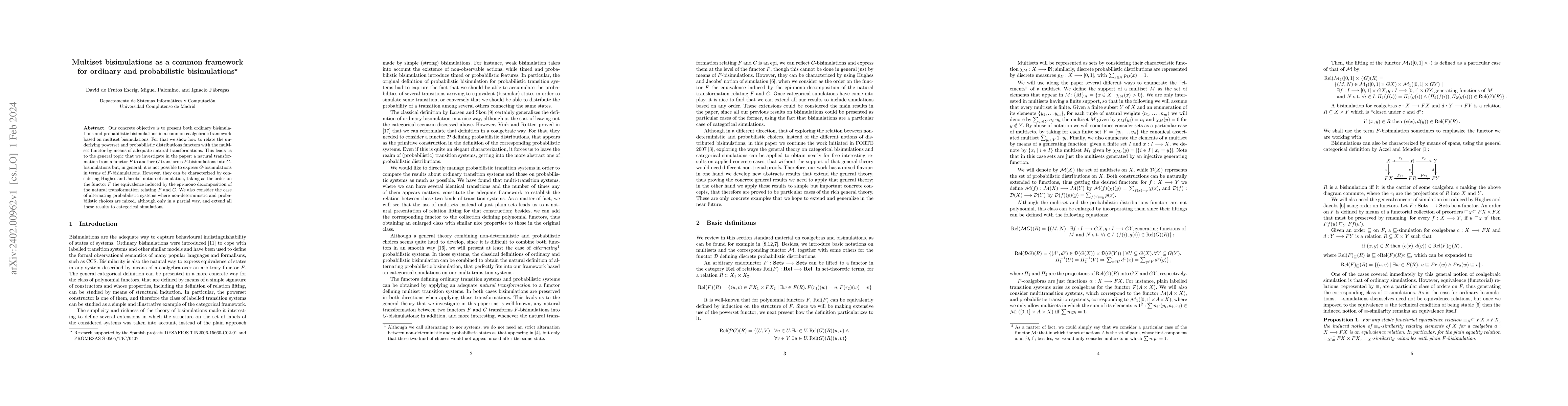 Thumbnail for Multiset Bisimulations as a Common Framework for Ordinary and
  Probabilistic Bisimulations
