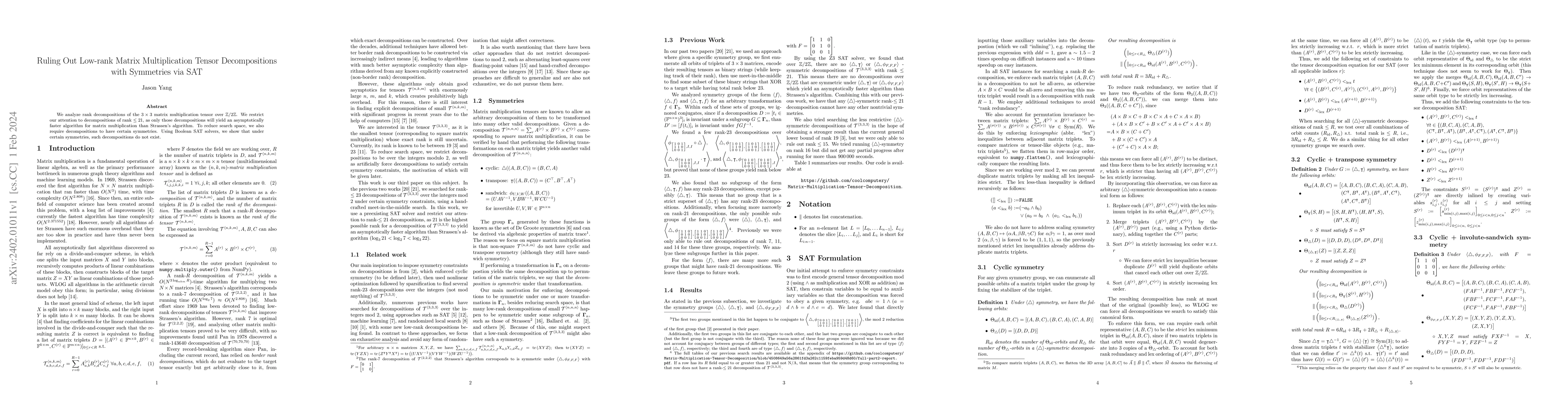 Thumbnail for Ruling Out Low-rank Matrix Multiplication Tensor Decompositions with
  Symmetries via SAT