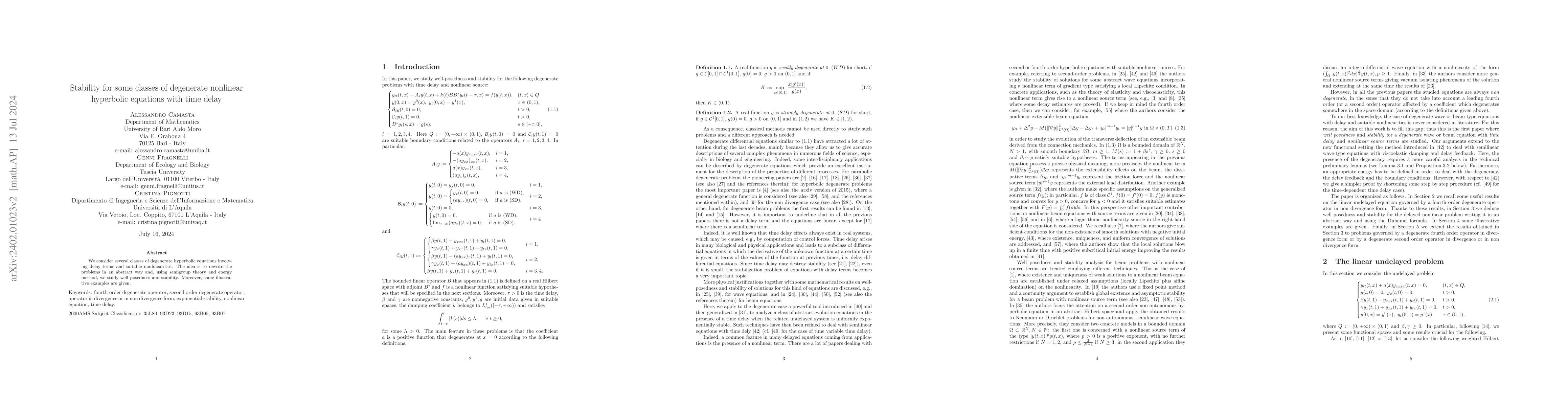 Thumbnail for Stability for some classes of degenerate nonlinear hyperbolic equations
  with time delay
