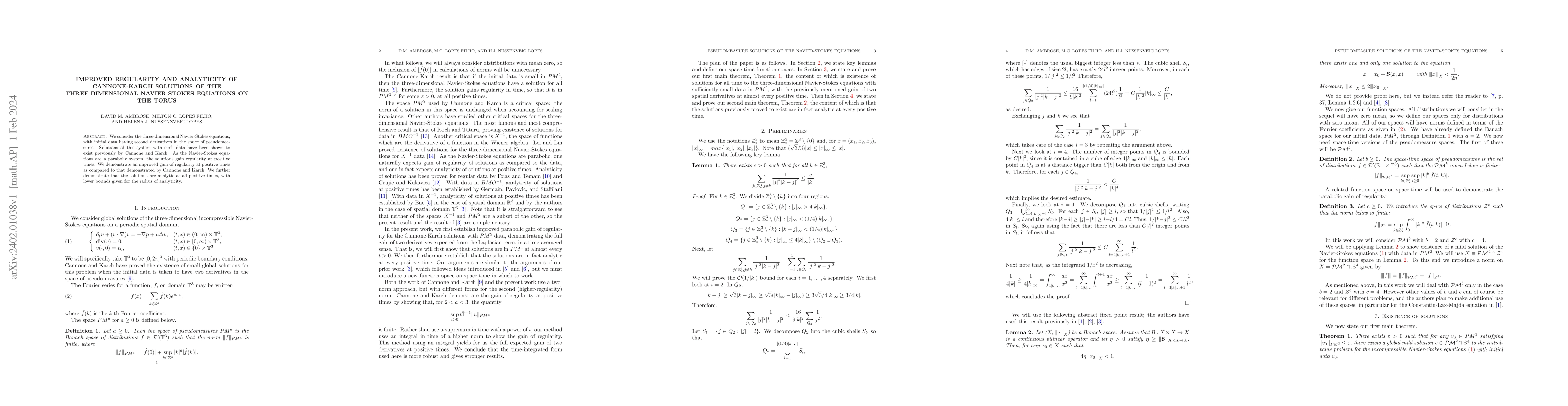 Thumbnail for Improved regularity and analyticity of Cannone-Karch solutions of the
  three-dimensional Navier-Stokes equations on the torus