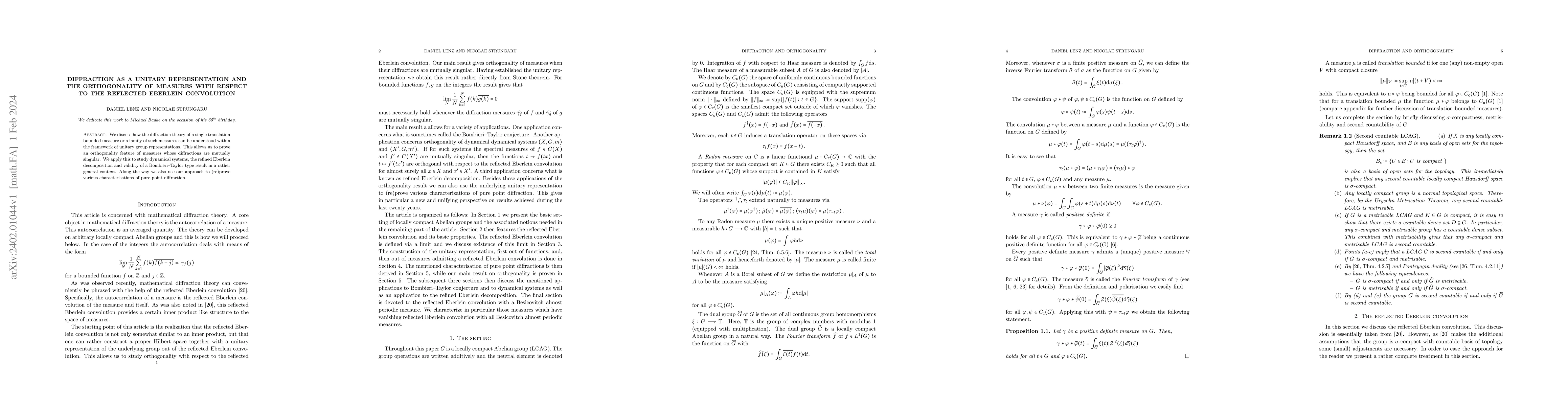 Thumbnail for Diffraction as a unitary representation and the orthogonality of
  measures with respect to the reflected Eberlein convolution