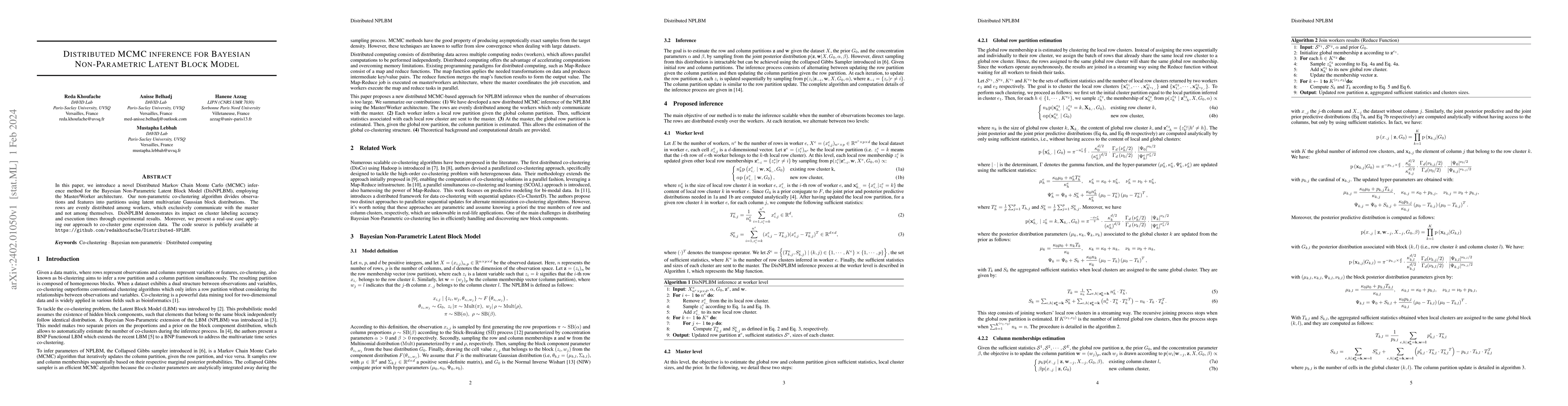 Thumbnail for Distributed MCMC inference for Bayesian Non-Parametric Latent Block
  Model